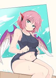 Rule 34 | 1girl, animal ears, bird ears, bird wings, black one-piece swimsuit, blush, breasts, closed mouth, collarbone, commission, feet out of frame, grey eyes, highres, medium breasts, mystia lorelei, navel, old school swimsuit, one-piece swimsuit, pink hair, school swimsuit, short hair, skeb commission, solo, swimsuit, tatutaniyuuto, touhou, wet, wet clothes, wet swimsuit, white wings, wings