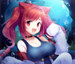 Rule 34 | 1girl, air bubble, animal ears, azur lane, bad id, bad pixiv id, bare shoulders, blue one-piece swimsuit, blush, breasts, bubble, cat ears, cleavage, collar, collarbone, coral, cowboy shot, fang, hair between eyes, hair ornament, highres, i-19 (azur lane), jacket, large breasts, light rays, long hair, long sleeves, looking at viewer, ocean, one-piece swimsuit, open mouth, red eyes, red hair, rock, school swimsuit, sleeves past wrists, smile, solo, swimming, swimsuit, thighhighs, torpedo, twintails, underwater, utata (122), white jacket, white thighhighs
