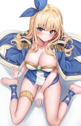 Rule 34 | 1girl, ankle strap, barefoot, between legs, blonde hair, blue coat, blue eyes, blush, breasts, cankofi&#039;s character, chirang, cleavage, coat, coat on shoulders, collarbone, commission, dress, dungeon and fighter, embarrassed, epaulettes, from above, gold trim, hair ribbon, hand between legs, highres, large breasts, long hair, long sleeves, looking at viewer, original, panties, panty peek, ribbon, second-party source, short dress, sitting, solo, strapless, strapless dress, thighlet, thighs, underwear, very long hair, wariza, white dress, white panties, wristband