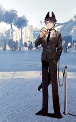 Rule 34 | 1boy, absurdres, animal ears, beeeeeebird, black eyes, black footwear, black hair, black jacket, black necktie, collared shirt, dog boy, dog ears, dog tail, eating, food, full body, highres, holding, holding food, jacket, library of ruina, male focus, necktie, project moon, roland (project moon), sandwich, shirt, shoes, solo, tail, white shirt, wing collar