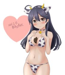 Rule 34 | 1girl, ahoge, ame-san, animal ears, animal print, between breasts, bikini, black hair, breasts, brown eyes, candy, chocolate, chocolate heart, commentary request, cow ears, cow horns, cow print, dated, fake animal ears, fake horns, food, heart, highres, horns, kantai collection, large breasts, long hair, looking at viewer, one-hour drawing challenge, simple background, solo, swimsuit, twitter username, ushio (kancolle), white background, white bikini