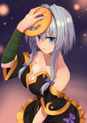 Rule 34 | 1girl, :o, arm up, arm wrap, bare shoulders, black dress, blue eyes, blurry, blurry background, bow, breasts, cleavage, collarbone, detached sleeves, dress, expressionless, grey hair, hair between eyes, hair bow, hair intakes, hair ribbon, halloween, hand on own head, highres, holding, large breasts, light particles, looking at viewer, mahcdai, mask, original, purple bow, purple ribbon, ribbon, short hair with long locks, sidelocks, sideways glance, solo, strapless, strapless dress, tress ribbon