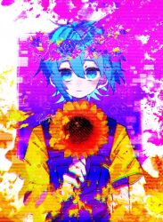 Rule 34 | 1boy, basil (headspace) (omori), basil (omori), chromatic aberration, closed mouth, expressionless, flower, green eyes, green hair, head wreath, highres, holding, holding flower, looking at viewer, omori, overall shorts, overalls, scanlines, shirt, short sleeves, solo, sunflower, takenaka (takenaka1111), yellow shirt