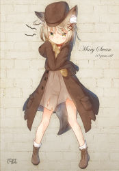 Rule 34 | 1girl, :&lt;, animal ear fluff, animal ears, baguette, blush, boots, bread, brick wall, brown coat, brown dress, brown footwear, brown hat, cabbie hat, closed mouth, coat, coreytaiyo, dated, dress, eyes visible through hair, food, full body, hair ornament, hair over one eye, hat, highres, hugging object, long sleeves, looking at viewer, open clothes, open coat, original, signature, sleeves past fingers, sleeves past wrists, socks, solo, standing, tail, tears, torn clothes, torn dress, white socks, wolf ears, wolf girl, wolf tail, x hair ornament, yellow eyes