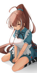 Rule 34 | 1girl, apron, brown hair, collared dress, dress, green dress, highres, hololive, hololive english, long hair, looking at viewer, maid apron, malvar, multicolored hair, nanashi mumei, open mouth, ponytail, simple background, sitting, socks, solo, striped clothes, striped socks, virtual youtuber, white background, white hair, yellow eyes