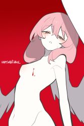 Rule 34 | 122pxsheol, 1girl, :o, absurdres, angel wings, blood, blood on cheek, blood on chest, closing eyes, colored skin, completely nude, happy saint sheol, highres, horizontal pupils, light blush, looking down, maya elbeth, medium hair, nude, official art, orange eyes, pink hair, red background, solo, upper body, white skin, wings