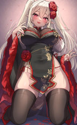 Rule 34 | 1girl, :p, black dress, black thighhighs, blush, breasts, china dress, chinese clothes, commission, copyright request, covered navel, dress, flower, hair between eyes, hair flower, hair ornament, highres, kneeling, large breasts, looking at viewer, pointy ears, red eyes, red flower, red rose, rose, skeb commission, smile, solo, thighhighs, thighs, tongue, tongue out, trente, twitter username, white hair