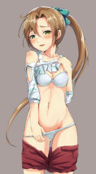 Rule 34 | 1girl, akigumo (kancolle), alternate costume, bare shoulders, blue panties, blush, bondo (borndragon), bra, breasts, brown hair, cleavage, clothes pull, collarbone, cowboy shot, frown, green eyes, grey background, groin, hair between eyes, hair ribbon, half-closed eyes, head tilt, highres, kantai collection, long hair, medium breasts, navel, open mouth, panties, panty tug, polka dot, polka dot bra, polka dot panties, polka dot ribbon, ponytail, ribbon, shirt pull, shoulder blush, sidelocks, simple background, skirt, skirt pull, stomach, sweat, thighs, underwear, undressing