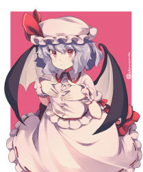 Rule 34 | 1girl, beret, bow, closed mouth, collared shirt, dress shirt, frilled skirt, frills, grey hair, hair between eyes, hands up, hat, hat bow, kuromiya, looking at viewer, one-hour drawing challenge, pink background, puffy short sleeves, puffy sleeves, red bow, red eyes, remilia scarlet, ribbon-trimmed skirt, ribbon trim, shirt, short sleeves, skirt, smile, solo, touhou, twitter username, two-tone background, white background, white hat, white shirt, white skirt, white wings, wings, wrist cuffs