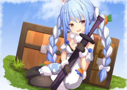 Rule 34 | 1girl, ame., animal ear fluff, animal ears, bare shoulders, black gloves, black pantyhose, blue hair, bow, braid, breasts, carrot hair ornament, commentary request, day, detached sleeves, don-chan (usada pekora), dress, food-themed hair ornament, fur-trimmed dress, fur-trimmed gloves, fur trim, gloves, grass, hair between eyes, hair bow, hair ornament, highres, holding, holding sheath, hololive, long hair, multicolored hair, open mouth, outdoors, pantyhose, puffy short sleeves, puffy sleeves, rabbit ears, red eyes, sheath, sheathed, short eyebrows, short sleeves, sidelocks, sitting, small breasts, solo, strapless, strapless dress, sword, thick eyebrows, treasure chest, twin braids, twintails, two-tone hair, usada pekora, usada pekora (1st costume), very long hair, virtual youtuber, weapon, white bow, white dress, white hair, white sleeves, yokozuwari