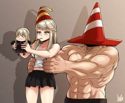 Rule 34 | 0 0, 1boy, 2girls, :3, bad id, bad pixiv id, black skirt, borrowed character, braid, breasts, carrying, chibi, commentary request, cone, french braid, hat, highres, jmg, korean commentary, lifting person, long hair, medium breasts, meme, mini person, minigirl, miniskirt, multiple girls, muscular, navel, original, party hat, party popper, platinum blonde hair, shadow, signature, skirt, tank top, topless male, traffic cone, white tank top, yellow eyes