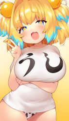 Rule 34 | + +, 1girl, animal print, blonde hair, blue eyes, blue hair, blush, bombergirl, breasts, cow print, fang, gradient background, highres, large breasts, looking at viewer, msp sammy, multicolored hair, open mouth, panties, pine (bombergirl), shirt, short hair, solo, t-shirt, two-tone hair, underwear, w, yellow background