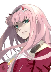 Rule 34 | 10s, 1girl, bad id, bad pixiv id, closed mouth, club3, commentary request, darling in the franxx, eyeshadow, green eyes, hairband, highres, horns, jacket, long hair, looking at viewer, makeup, pink hair, red jacket, signature, simple background, sketch, solo, upper body, white background, zero two (darling in the franxx)