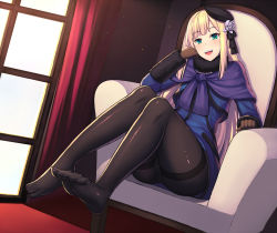 Rule 34 | 1girl, ass, black pantyhose, blonde hair, blue eyes, blush, breasts, chair, commentary request, curtains, fate (series), feet, flower, gloves, green eyes, hair flower, hair ornament, hat, highres, long hair, long sleeves, looking at viewer, lord el-melloi ii case files, nekozombie, no shoes, pantyhose, reines el-melloi archisorte, sitting, smile, soles, solo