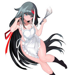 Rule 34 | 1girl, apron, azur lane, bare arms, bare shoulders, black hair, black socks, blue eyes, blunt bangs, blush, breasts, cleavage, closed mouth, collarbone, commentary request, deutschland (azur lane), holding, holding whisk, long hair, looking at viewer, medium breasts, multicolored hair, naked apron, nose blush, sidelocks, simple background, socks, solo, streaked hair, takeakigaku, thighs, very long hair, whisk, white apron, white background
