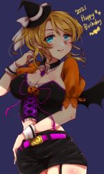 Rule 34 | 1girl, artist name, artist request, ayase eli, bare shoulders, bat wings, belt, black choker, black detached collar, black dress, black hat, black pants, black shorts, black wings, blonde hair, blue background, blue eyes, blush, bow, breasts, choker, cleavage, collarbone, crescent moon symbol, cross-laced clothes, cross-laced dress, detached collar, diamond (gemstone), dress, female focus, floating hair, frilled dress, frilled shorts, frills, hair between eyes, hair bow, hair ornament, hair scrunchie, half-closed eyes, halloween, hat, high ponytail, jewelry, long hair, looking at viewer, love live!, love live! school idol festival, love live! school idol project, medium breasts, midriff, mini hat, moon print, navel, necklace, pants, parted lips, pink belt, pink ribbon, pink scrunchie, ponytail, puffy short sleeves, puffy sleeves, pumpkin print, ribbon, scrunchie, short hair, short sleeves, shorts, smile, solo, which hat, white bow, white wrist cuffs, wing collar, wings, wrist cuffs