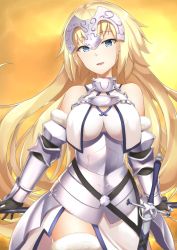 Rule 34 | 1girl, bad id, bad pixiv id, bare shoulders, blonde hair, blue eyes, breasts, fate/apocrypha, fate/grand order, fate (series), female focus, gauntlets, helmet, jeanne d&#039;arc (fate), jeanne d&#039;arc (ruler) (fate), jeanne d&#039;arc (third ascension) (fate), long hair, looking at viewer, pinta (ayashii bochi), sheath, sheathed, smile, solo, standing, sword, thighhighs, weapon, white thighhighs