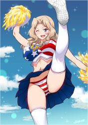 Rule 34 | 10s, 1girl, ;d, alternate costume, american flag, artist name, bare shoulders, blonde hair, blue eyes, blush, breasts, cheerleader, covered erect nipples, crop top, flag print, girls und panzer, joy ride, kay (girls und panzer), large breasts, leg up, long hair, looking at viewer, navel, one eye closed, open mouth, outdoors, panties, pantyshot, pom pom (cheerleading), shoes, skirt, sleeveless, smile, sneakers, solo, sparkle, standing, striped clothes, striped panties, thighhighs, underwear, white thighhighs