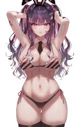 Rule 34 | 1girl, animal ears, armpits, arms up, bandaid, blush, bra, breasts, cowboy shot, detached collar, frilled bra, frills, gluteal fold, highres, large breasts, leotard, long hair, mole, mole on breast, mole under eye, momimi, navel, necktie, original, panties, parted lips, pink eyes, pink hair, playboy bunny, purple hair, rabbit ears, side-tie panties, solo, thighhighs, thighs, twintails, underwear