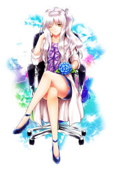 Rule 34 | 1girl, alternate costume, alternate hairstyle, asymmetrical hair, bad id, bad pixiv id, caren hortensia, crossed legs, fate/hollow ataraxia, fate/kaleid liner prisma illya, fate (series), flower, hydrangea, long hair, side ponytail, sitting, solo, ty 1865, white hair, yellow eyes