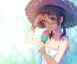 Rule 34 | 1girl, black hair, blue eyes, bracelet, collarbone, commentary request, day, double scoop, dress, flat chest, food, glasses, green-framed eyewear, hat, holding, holding food, ice cream, ice cream cone, jewelry, long hair, looking at viewer, nekozuki yuki, open mouth, original, outdoors, semi-rimless eyewear, signature, solo, straw hat, summer, sun hat, sundress, sweat, twintails, unbuttoned, under-rim eyewear, upper body, white dress, wiping forehead, wiping sweat