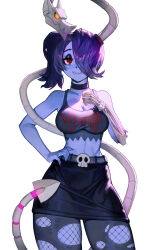 Rule 34 | 1girl, alternate costume, belt, belt buckle, blue hair, blue skin, buckle, choker, colored skin, contemporary, dethmaid, eyeshadow, facing viewer, fishnet pantyhose, fishnets, hair over one eye, half-closed eyes, hand on own hip, highres, leviathan (skullgirls), makeup, pantyhose, red eyes, side ponytail, skeletal arm, skirt, skullgirls, smile, solo, squigly (skullgirls), stitched mouth, stitches, tank top, torn clothes, torn pantyhose, white background, zombie