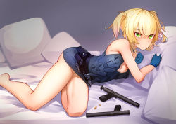 Rule 34 | .32 acp, 1girl, absurdres, ammunition, bare shoulders, blonde hair, blue gloves, bolt action, breasts, bullet, cleavage, commentary request, commission, girls&#039; frontline, gloves, green eyes, gun, handgun, handgun cartridge, highres, integral suppressor, integrally-suppressed firearm, legs, looking at viewer, manual firearm, medium breasts, military cartridge, miniskirt, on bed, pillow, pistol cartridge, ringobatake, short hair, skeb commission, skirt, sleeveless, smile, solo, suppressor, twintails, weapon, welrod, welrod, welrod mk ii, welrod mkii (girls&#039; frontline)