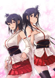 Rule 34 | 10s, 2girls, :d, black hair, black legwear, breasts, cherry blossoms, cowboy shot, detached sleeves, fusou (kancolle), hair ornament, hand on own chest, isono wataru, kantai collection, large breasts, long hair, multiple girls, nontraditional miko, open mouth, petals, pleated skirt, red eyes, red skirt, short hair, skirt, smile, thighhighs, yamashiro (kancolle)