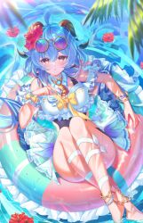Rule 34 | 1girl, ahoge, anklet, bead anklet, bell, blue hair, blurry, blurry foreground, blush, bracelet, breasts, day, eyewear on head, flower, flower on liquid, ganyu (genshin impact), genshin impact, hair between eyes, hair flower, hair ornament, highres, horns, jewelry, ktm, lifebuoy, looking at viewer, medium breasts, nail polish, neck bell, outdoors, ripples, solo, swim ring, swimsuit, water, wrist bow