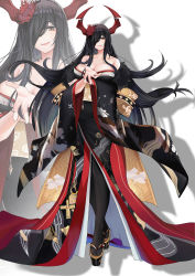 Rule 34 | 1girl, absurdres, an yinyi, azur lane, back bow, bare shoulders, black hair, black kimono, black pantyhose, bow, breasts, flower, friedrich der grosse (azur lane), friedrich der grosse (dark raiments of gagaku) (azur lane), full body, fur-trimmed kimono, fur trim, hair flower, hair ornament, hair over one eye, highres, horn ornament, horns, japanese clothes, kimono, large breasts, long hair, looking at viewer, mechanical horns, off shoulder, official alternate costume, pantyhose, red flower, red horns, sash, shadow, simple background, solo, spider lily, very long hair, white background, wide sleeves, yellow eyes, yellow sash