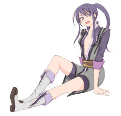 Rule 34 | black eyes, black hair, boots, breasts, genderswap, long hair, nyaa (hocco26), open clothes, open mouth, open shirt, pixiv thumbnail, ponytail, purple eyes, purple hair, resized, simple background, sitting, smile, tales of (series), tales of vesperia, yuri lowell