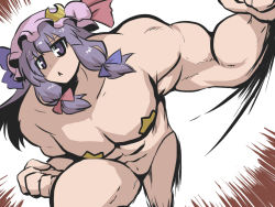 Rule 34 | 1girl, abs, bow, breasts, briefs, chestnut mouth, clenched hands, commentary request, crescent, crescent hair ornament, covered erect nipples, genderswap, genderswap (ftm), goma (gomasamune), hair bow, hair ornament, hat, large breasts, leaning forward, long hair, looking at viewer, male underwear, mob cap, muscular, navel, pasties, patchouli knowledge, purple eyes, purple hair, sidelocks, solo, star (symbol), topless, touhou, translation request, underwear