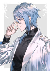 Rule 34 | 1boy, bespectacled, black sweater, blue hair, closed mouth, commentary request, genshin impact, glasses, hair between eyes, highres, hiiro (coinxtossxdive), jacket, kamisato ayato, long sleeves, male focus, mole, mole under mouth, open clothes, open jacket, profile, purple eyes, ribbed sweater, round eyewear, simple background, solo, sweater, turtleneck, turtleneck sweater, twitter username, upper body, white jacket