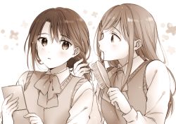 Rule 34 | 2girls, adachi sakura, adachi to shimamura, bow, breasts, comb, greyscale, brushing hair, hair ornament, hair tie in mouth, long hair, looking at another, medium hair, mirror, monochrome, mouth hold, multiple girls, ousaka nozomi, school uniform, shimamura hougetsu, simple background, small breasts, sweater, upper body, yuri