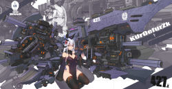 Rule 34 | 1girl, absurdres, black thighhighs, breasts, cannon, cleavage, commentary, covered navel, detached sleeves, flower, hair flower, hair ornament, halo, highres, large breasts, long hair, long sleeves, mecha musume, mechanical ears, original, pelvic curtain, purple eyes, seiza, sitting, solo, syaha, thighhighs, white hair, zoom layer