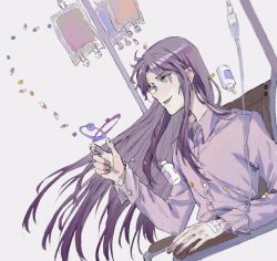 Rule 34 | 1other, androgynous, buttons, clause (len&#039;en), collared shirt, film grain, hand up, highres, intravenous drip, iv stand, jishixingle1029, len&#039;en, long hair, long sleeves, open mouth, other focus, pill, pill bottle, pink shirt, purple eyes, purple hair, shirt, smile, solo, under covers