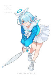 Rule 34 | 1girl, arona (blue archive), artist name, blue archive, blue eyes, blue hair, blue halo, blue shirt, blush, bow hairband, braid, closed mouth, full body, hair over one eye, hairband, halo, holding, holding umbrella, leg up, long sleeves, looking at viewer, lyra (lyra e), miniskirt, multicolored hair, neckerchief, pink hair, puffy long sleeves, puffy sleeves, ribbon, sailor collar, shirt, shoes, short hair, signature, simple background, single braid, skirt, smile, sneakers, solo, standing, standing on one leg, two-tone hair, umbrella, whale ornament, white background, white footwear, white hairband, white neckerchief, white ribbon, white skirt
