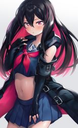 Rule 34 | 1girl, bare shoulders, black gloves, black hair, blue skirt, blush, crop top, elbow gloves, fingerless gloves, gloves, long hair, looking at viewer, multicolored hair, navel, neckerchief, open mouth, pleated skirt, pon nbsm, red eyes, red neckerchief, ren (witch&#039;s weapon), school uniform, serafuku, shirt, simple background, skirt, solo, stomach, streaked hair, thighhighs, vest, white background, witch&#039;s weapon