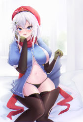 Rule 34 | 1girl, 9a-91 (girls&#039; frontline), absurdres, beret, black panties, blue dress, blue eyes, breasts, cleavage, clothes lift, dress, girls&#039; frontline, hair ornament, hand on own cheek, hand on own face, hand up, hat, highres, large breasts, lifting own clothes, long hair, navel, panties, red hat, scarf, see-through, sideboob, sitting, skirt, skirt lift, solo, soribit95, star (symbol), star hair ornament, thighhighs, underwear