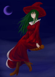 Rule 34 | boots, broom, crescent moon, duel monster, green hair, hat, highres, light smile, long hair, moon, mystical sand, nail polish, night, red eyes, smile, sukumo (kemutai), witch, witch hat, yu-gi-oh!, yuu-gi-ou, yu-gi-oh! duel monsters