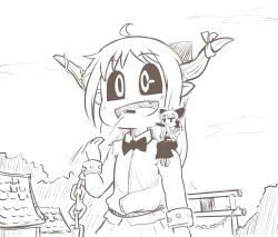 Rule 34 | 2girls, ahoge, ascot, black sclera, bow, bowtie, chain, chamaji, cloud, colored sclera, commentary request, cuffs, detached sleeves, eating, ehoumaki, fang, food, frilled bow, frills, giant, giantess, greyscale, hair bow, hair tubes, hakurei reimu, highres, horn ornament, horn ribbon, horns, ibuki suika, jitome, long hair, makizushi, monochrome, multiple girls, nontraditional miko, oni, oni horns, open mouth, outdoors, pointy ears, ribbon, rooftop, rope, setsubun, shackles, shimenawa, short hair, sitting, sitting on person, sitting on shoulder, skirt, skirt set, sleeveless, solid oval eyes, sushi, torii, torn clothes, touhou, tree
