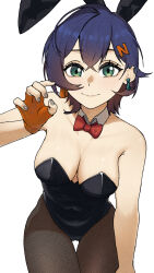 1girl bare_shoulders belle_(zenless_zone_zero) black_leotard blue_hair bow bowtie commentary cowboy_shot detached_collar earrings fingerless_gloves gloves green_eyes grey_nails hair_ornament highres jewelry leotard looking_at_viewer nail_polish orange_gloves pantyhose red_bow red_bowtie short_hair simple_background smile solo standing strapless strapless_leotard thighs white_background yellow_glasses_(odivichno) zenless_zone_zero