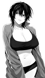 Rule 34 | 1girl, bad id, bad pawoo id, bra, breasts, cleavage, closed mouth, cowboy shot, greyscale, highres, jacket, large breasts, little mare, looking at viewer, medium hair, messy hair, monochrome, navel, original, panties, simple background, solo, track jacket, underwear, white background