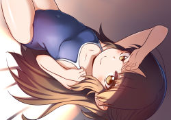 Rule 34 | 1girl, arm up, blue one-piece swimsuit, breasts, brown eyes, brown hair, collarbone, covered navel, duplicate, fuu (koneko no yomeiri), hand on own head, highres, idolmaster, idolmaster cinderella girls, indoors, long hair, lying, on back, on bed, one-piece swimsuit, pixel-perfect duplicate, school swimsuit, small breasts, smile, solo, sunlight, swimsuit, tachibana arisu, thighs