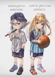 Rule 34 | 2girls, aged down, air jordan, air jordan 6, ankle socks, azur lane, ball, bandaid, bandaid on face, bandaid on nose, baseball, baseball bat, baseball cap, baseball jersey, basketball, basketball (object), basketball jersey, black footwear, blonde hair, blue eyes, blue headwear, blue shirt, blue shorts, charlotte hornets, closed mouth, clothes writing, collarbone, commentary request, frown, full body, hair between eyes, hairband, hand in pocket, hat, highres, holding, holding baseball bat, jersey, layered shirt, long hair, looking at viewer, major league baseball, multiple girls, national basketball association, north carolina (azur lane), one side up, over shoulder, partial commentary, red footwear, seattle mariners, shirt, shoes, short hair, short sleeves, shorts, sidelocks, sideways hat, silver hair, simple background, smile, sneakers, socks, solo, standing, washington (azur lane), white background, white hairband, white shirt, white socks, wristband, yakkuro