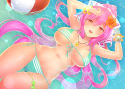 Rule 34 | 1girl, ahoge, ball, beachball, bikini, blush, breasts, curvy, female focus, flower, gradient background, hair flower, hair ornament, hibiscus, highres, katoma, large breasts, long hair, looking at viewer, navel, open mouth, partially submerged, pink eyes, pink hair, rasis, red eyes, smile, solo, sound voltex, sound voltex ii infinite infection, striped bikini, striped clothes, swimsuit, wide hips