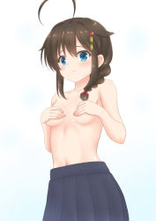 Rule 34 | 1girl, ahoge, bad id, bad pixiv id, blue background, blue eyes, blue skirt, blush, breasts, brown hair, covering privates, covering breasts, embarrassed, from below, gradient background, hair flaps, hair ornament, hair ribbon, hairpin, hoshino kagari, kantai collection, long hair, looking at viewer, looking down, navel, pleated skirt, raised eyebrows, red ribbon, ribbon, shigure (kancolle), shigure kai ni (kancolle), sidelocks, skirt, small breasts, solo, tareme, topless, underboob, upper body