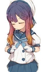 Rule 34 | 1girl, alchera, bad id, bad twitter id, blue neckerchief, blue ribbon, blue skirt, buttons, closed eyes, commentary request, cowboy shot, gloves, gradient hair, hat, kantai collection, multicolored hair, neckerchief, orange hair, pleated skirt, puffy short sleeves, puffy sleeves, purple hair, ribbon, sailor hat, school uniform, serafuku, short hair, short sleeves, sidelocks, simple background, skirt, solo, tsushima (kancolle), white background, white gloves, white hat