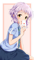 Rule 34 | absurdres, ace (playing card), ace of hearts, blue shirt, blue skirt, blush, card, heart, highres, holding, holding card, idolmaster, idolmaster million live!, long skirt, looking at viewer, makabe mizuki, nagmilk, necktie, playing card, pleated skirt, purple hair, shirt, short hair, short sleeves, sidelocks, simple background, sitting, skirt, smile, solo, wing collar, yellow eyes
