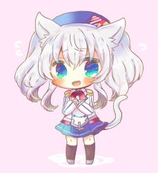 Rule 34 | 1girl, animal ears, ascot, beret, blue eyes, blue skirt, cat ears, cat tail, chibi, epaulettes, frilled sleeves, frills, full body, hat, kantai collection, kashima (kancolle), kerchief, kou hiyoyo, looking at viewer, military, military uniform, pink background, pleated skirt, red ascot, sidelocks, silver hair, simple background, skirt, solo, standing, tail, tsurime, twintails, uniform, wavy hair